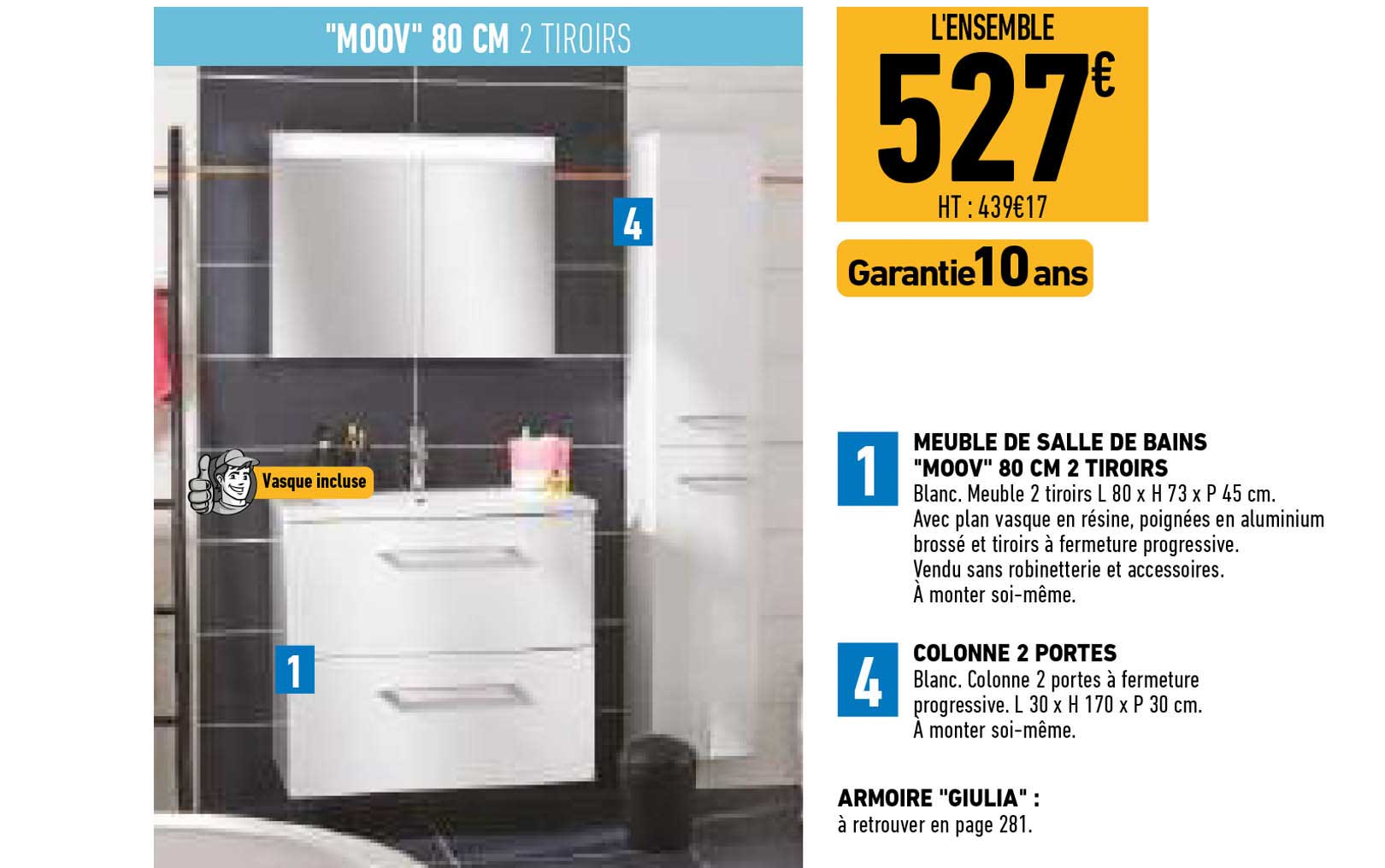 meuble de salle de bains "moov" 80 cm 2 tiroirs, colonne 2 portes, armoire "giulia"