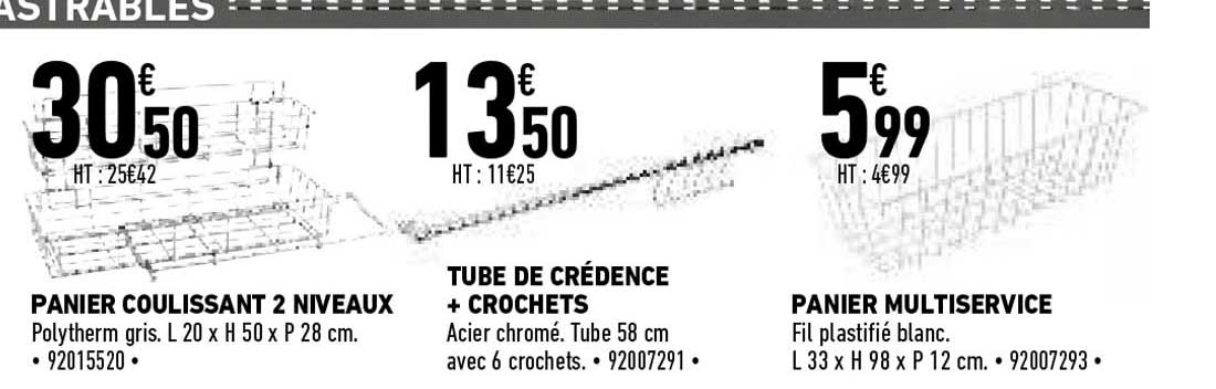 panier coulissant 2 niveaux, tube de crédence + crochets, panier multiservice