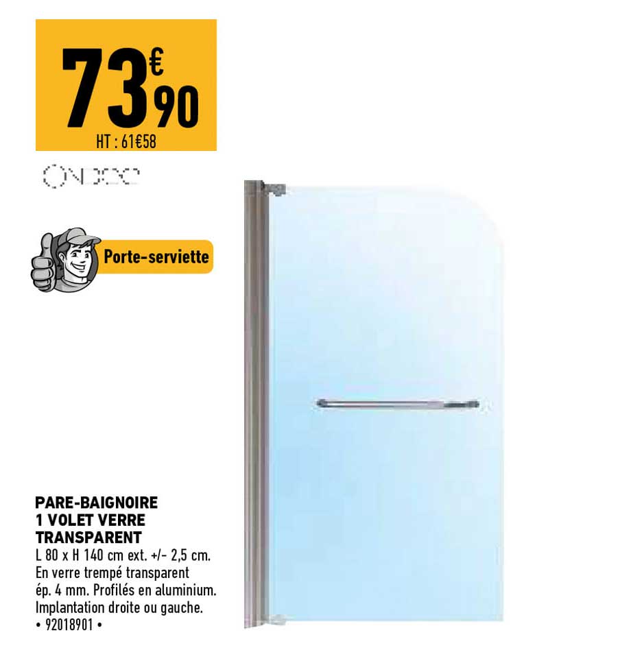 pare-baignoire 1 volet verre transparent