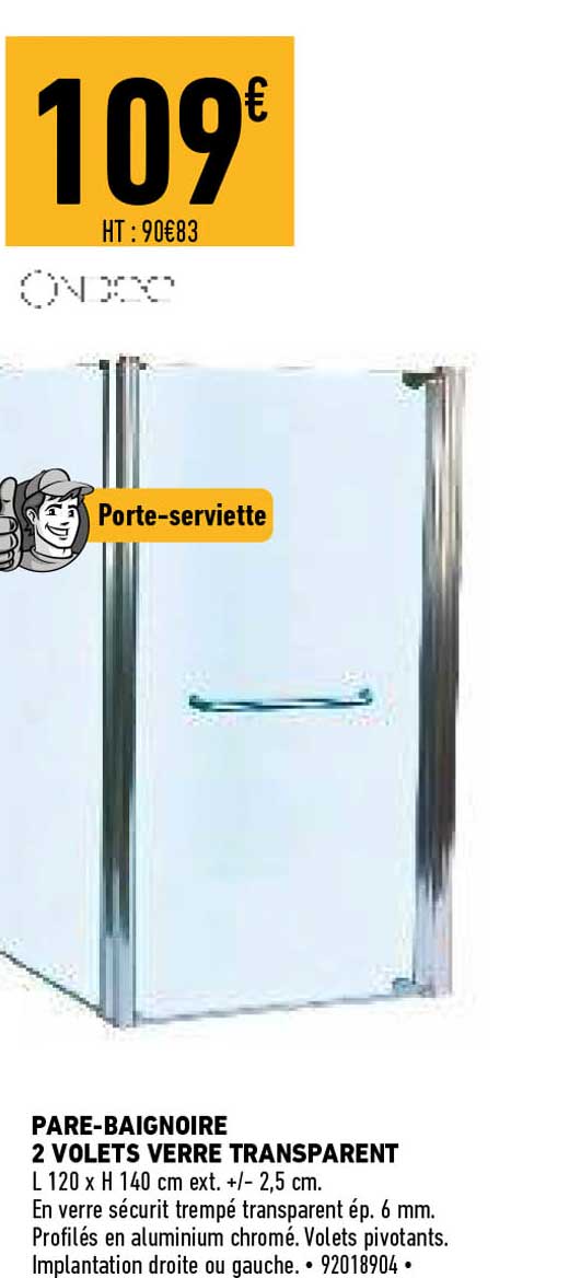 pare-baignoire 2 volets verre transparent