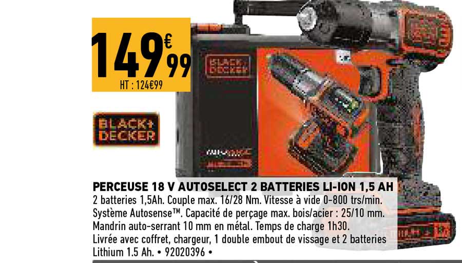 perceuse 18 v autoselect 2 batteries li-ion 1.5 ah black+ decker