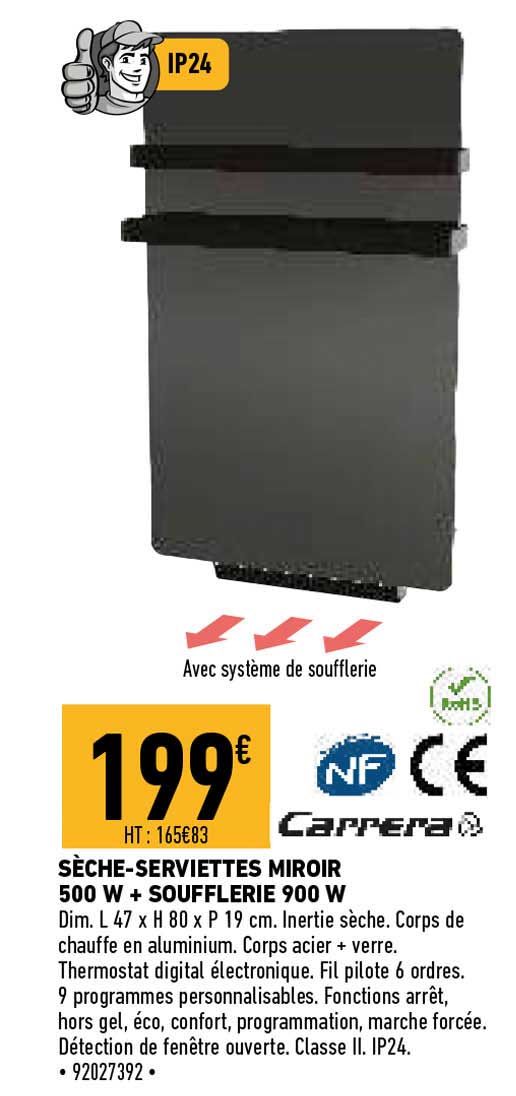 sèche-serviette miroir 500 w + soufflerie 900 w