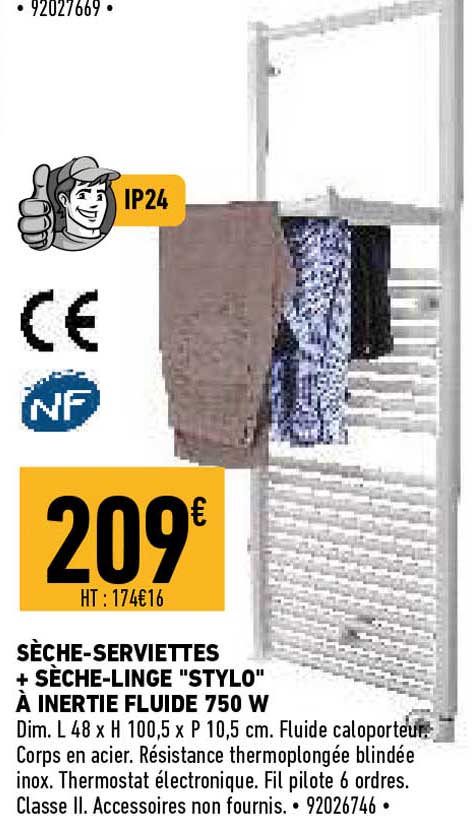 sèche-serviettes + sèche-linge "stlo" à inertie fluide 750 w