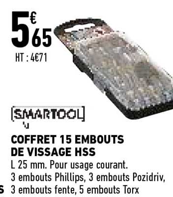 smartool coffret 15 embouts de vissage hss
