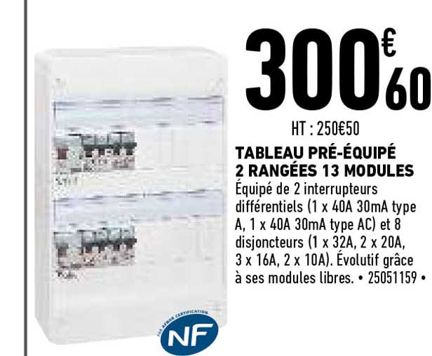 tableau pré-équipé 2 rangées 13 modules