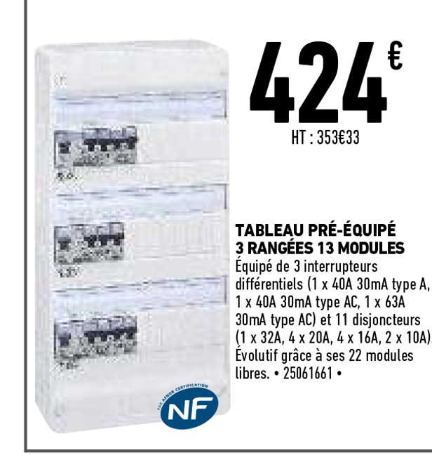 tableau pré-équipé 3 rangées 13 modules
