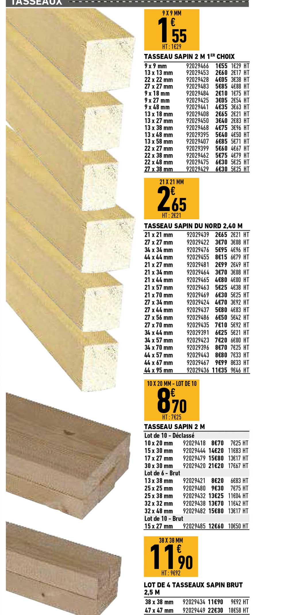 tasseau sapin 2 m 1 choix, tasseau sapin du nord 2,40 m, tasseau sapin2 m, lot de 4 tasseaux sapin brut 2,5 m