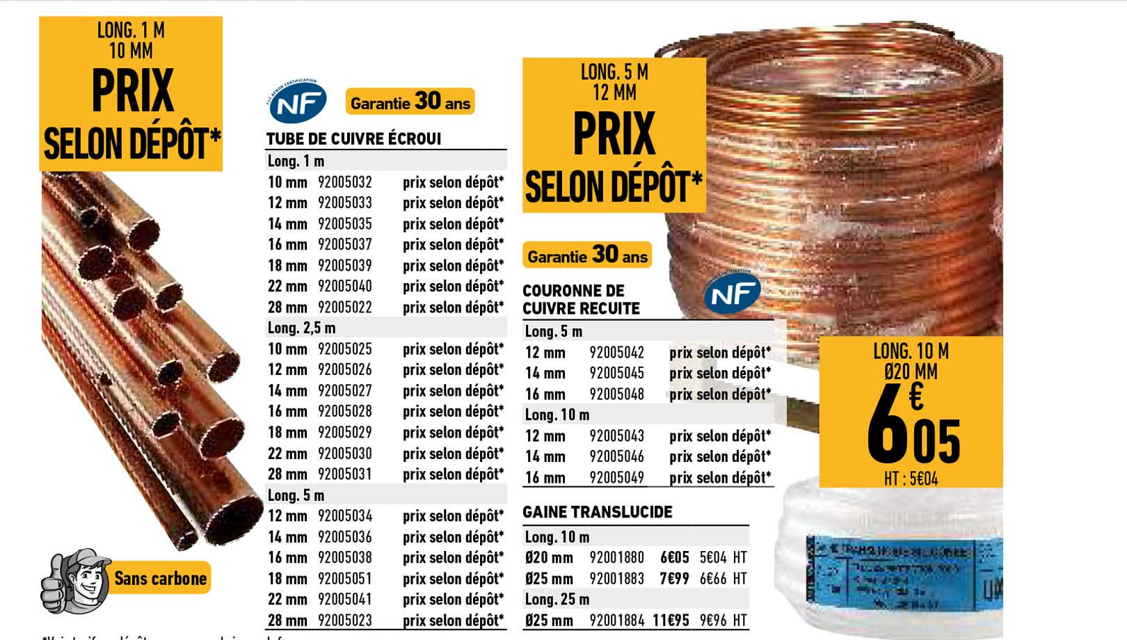 tube de cuivre écroui, couronne de cuivre recuite, gaine translucide