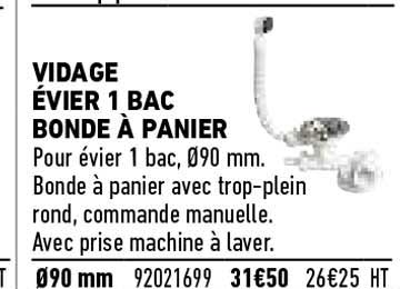 Vidage évier 1 Bac Bonde à Panier