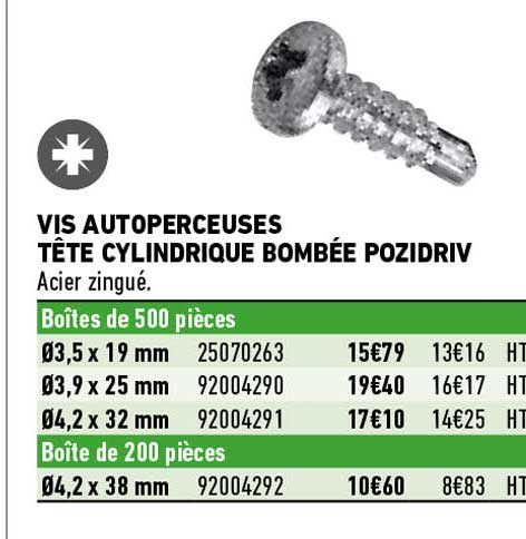 vis autoperceuses tête cylindrique bombée pozidriv