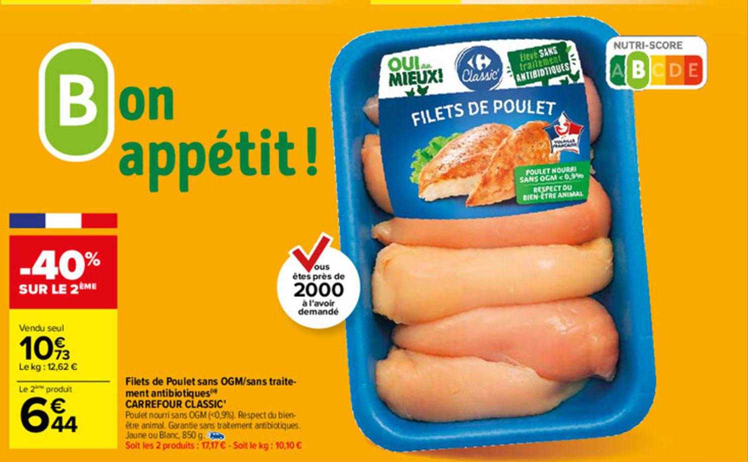 filet de poulet sans ogm- sans traitement antibiotiques carrefour classic