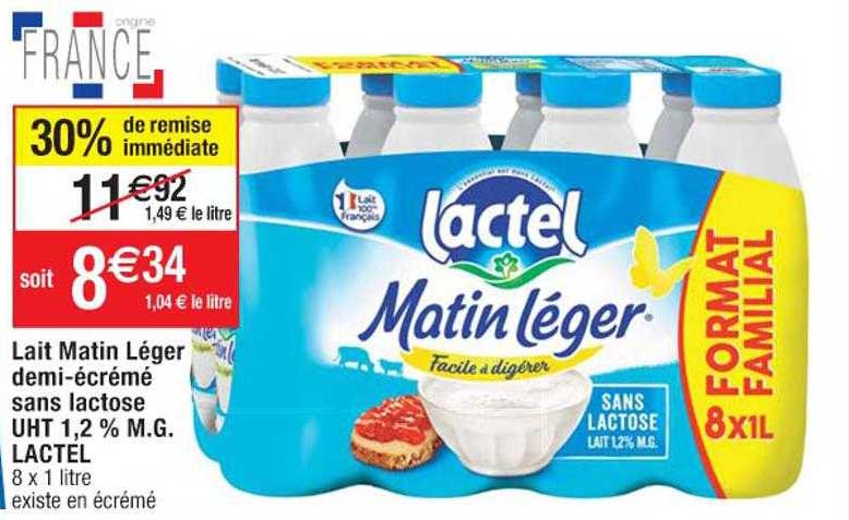 lait matin léger demi-écrémé sans lactose uht 1,2% m.g. lactel