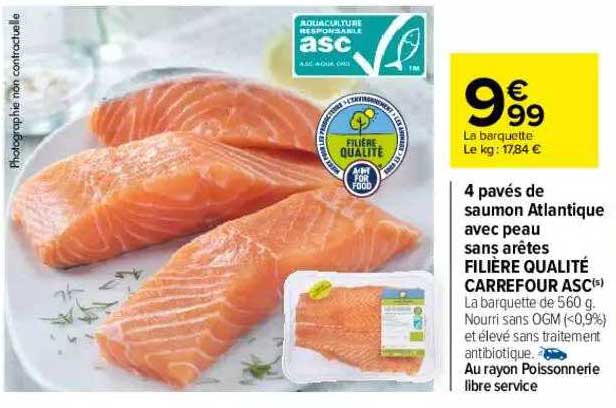 4 pavés de saumon atlantique avec peau sans arêtes filière qualités carrefour asc