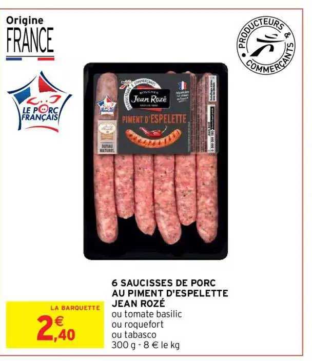 6 saucisses de porc au piment d'espelette jean rozé