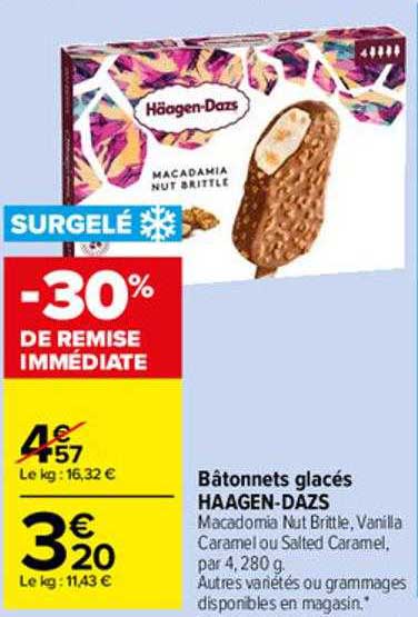 bâtonnets glacés haagen-dazs -30% de remise immédiate