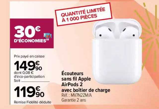 écouteurs sans fil apple airPods 2 avec boîtier de charge