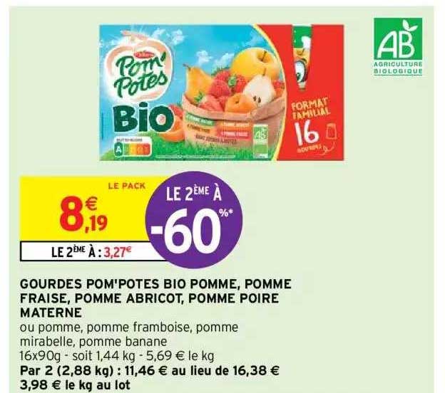 Gourdes Pom'potes Bio Pomme Pomme Fraise Pomme Abricot Pomme Poire Materne Le 2ème à -60%