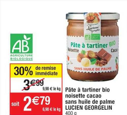 pâte à tartiner bio noisette cacao sans huile de palme lucien georgelin