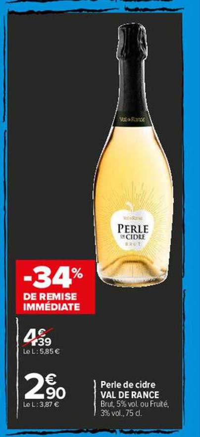 perle de cidre val de rance brut 5% vol ou fruité -34% de remise immédiate