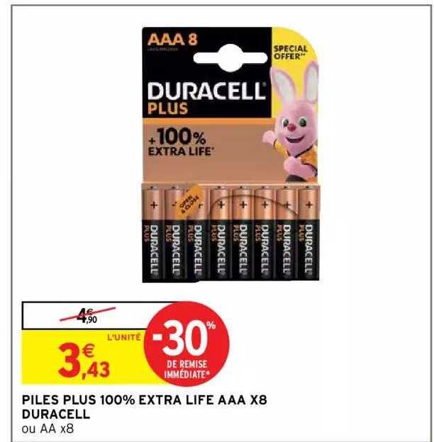 Piles Plus 100% Extra Life Aaa X8 Duracell -30% De Remise Immédiate