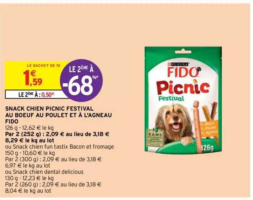 snack chien picnic festival au boeuf au poulet et à l'agneau fido le 2ème à -68%