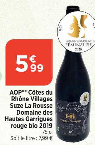aop côtes du rhône villages suze la rousse domaine des hautes garrigues rouge bio 2019