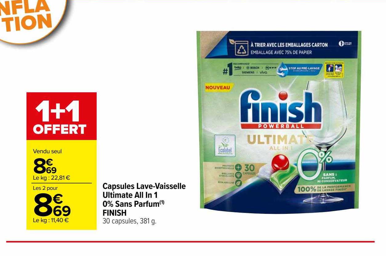 capsules lave-vaisselle ultimate all in 1 0% san parfum finish