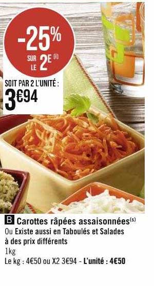 carottes râpées assaisonnées ou existe aussi en taboulés et salades à des prix différents