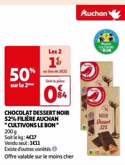 chocolat dessert noir 50% filière auchan "cultivons le bon"