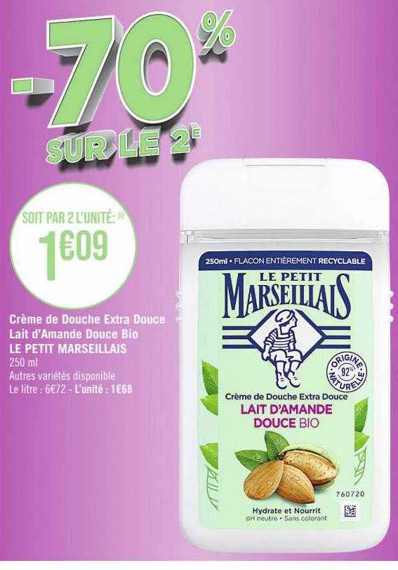 crème de douche extra douce lait d'amande douce bio le petit marseillais