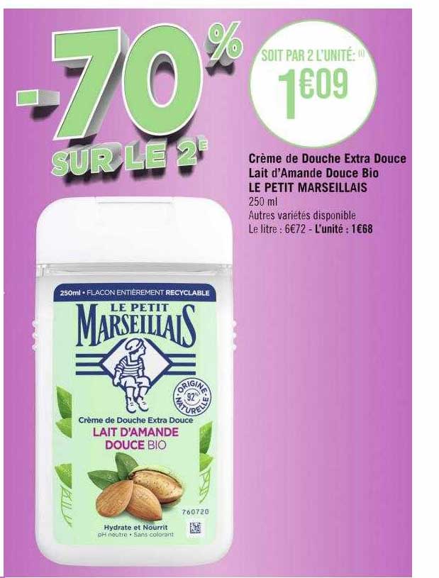 crème de douche extra douce lait d'amande douce bio le petit marseillais