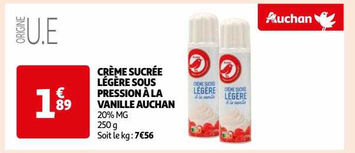 crème sucrée légère sous pression à la vanille auchan
