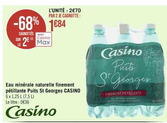 Eau Minérale Naturelle Finement Pétillante Puits St Georges Casino