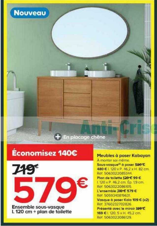 ensemble sous-vasque l. 120 cm + plan de toilette