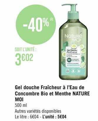 gel douche fraîcheur à l'eau de concombre bio et menthe nature moi