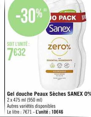 gel douche peaux sèches sanex 0%