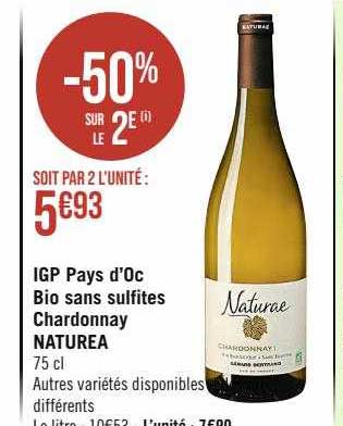 igp pays d'oc bio sans sulfites chardonnay naturae