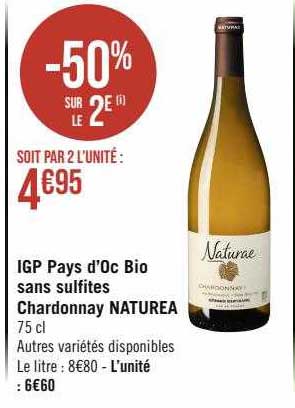 igp pays d'oc bio sans sulfites sans sulfites chardonnay naturae