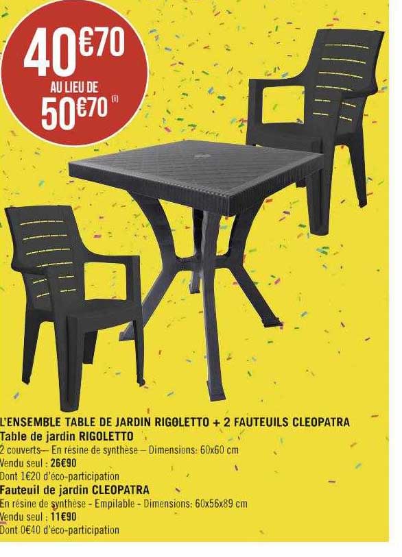 l'ensemble table de jardin rigoletto + 2 fauteuils cleopatra