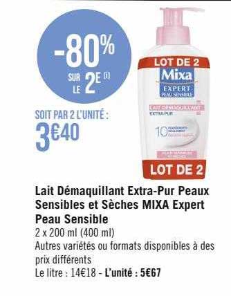 lait démaquillant extra-pur peaux sensibles et sèches mixa expert peau sensible