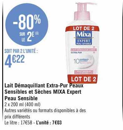 lait démaquillant extra-pur peaux sensibles et sèches mixa expert peau sensible