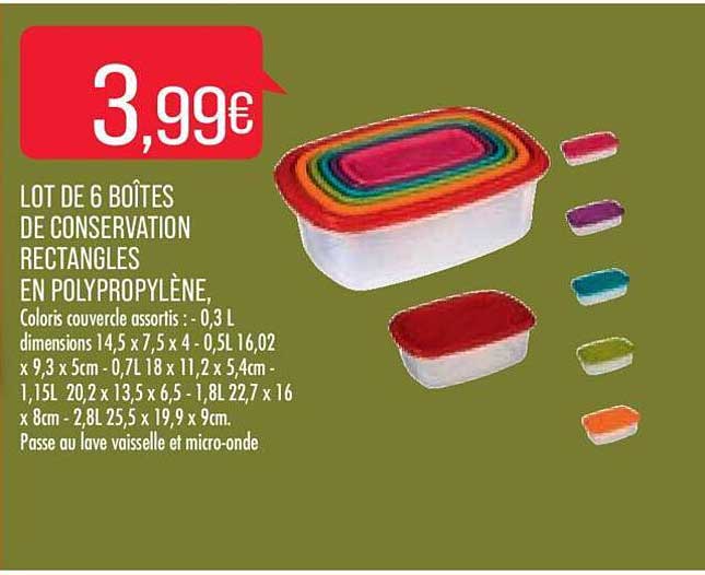 lot de 6 boîtes de conservation rectangles en polypropylène