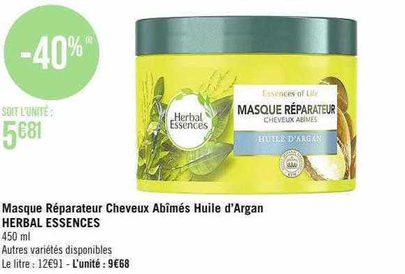 masque réparateur cheveux abîmés huile d'argan herbal essences
