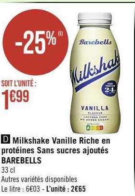 milkshake vanille riche en protéines sans sucres ajoutés barebells