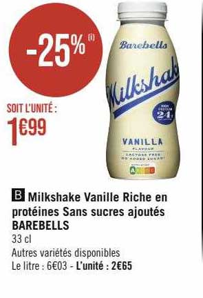 milkshake vanille riche en protéines sans sucres ajoutés barebells