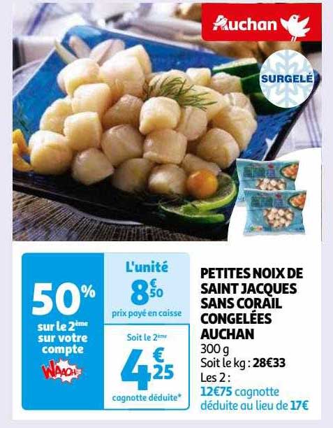 petites noix de saint jacques sans corail congelées auchan