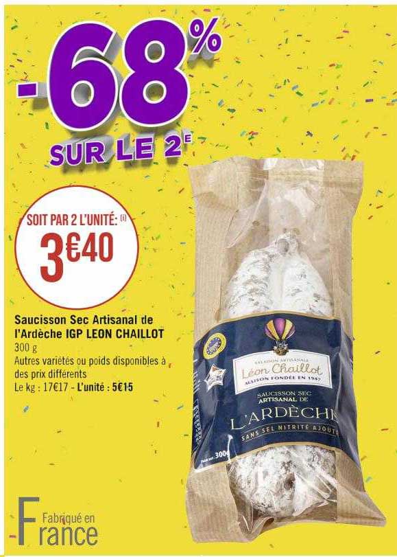 saucisson sec artisanal de l'ardèche igp léon chaillot