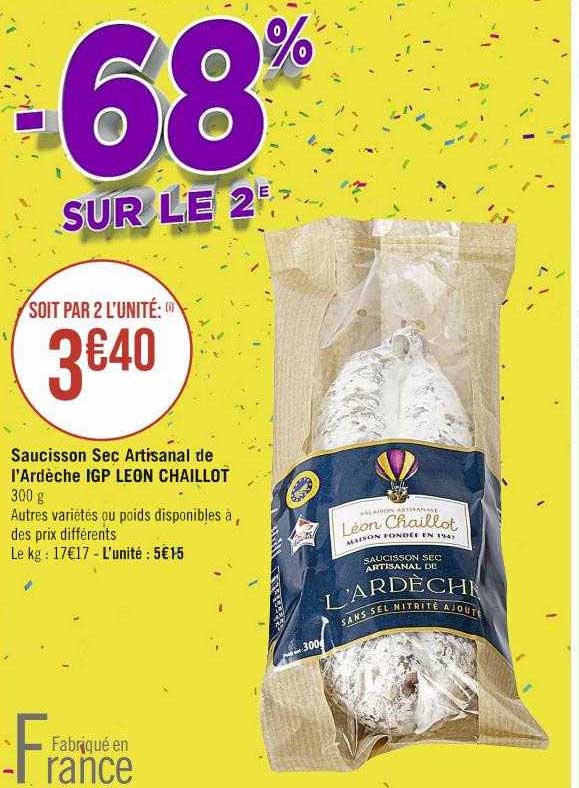 saucisson sec artisanal de l'ardèche igp léon chaillot