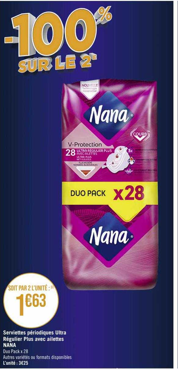 serviettes périodiques ultra régulier plus avec ailettes nana