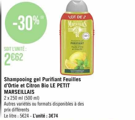 shampooing gel purifiant feuilles d'ortie et citron bio le petit marseillais